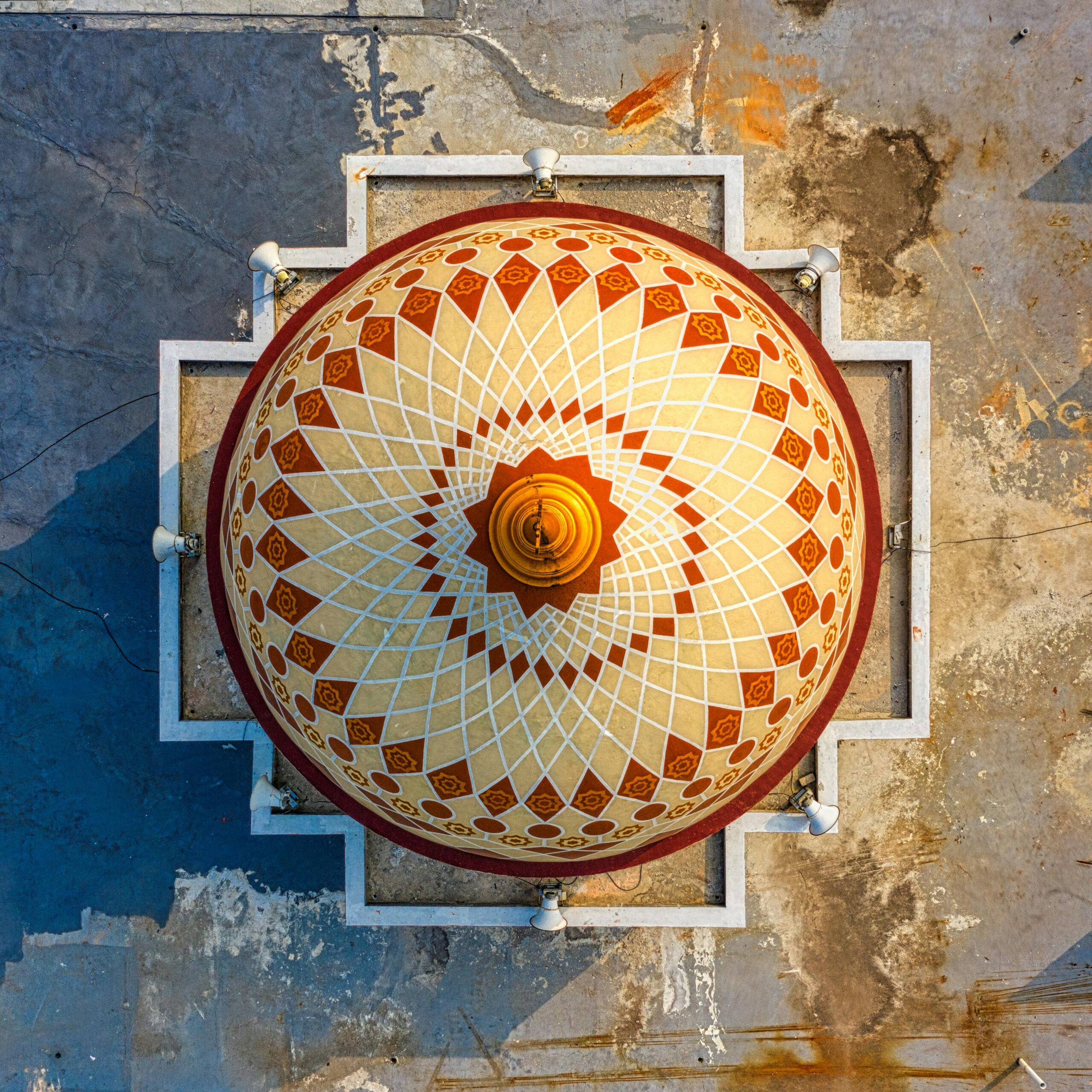 Top-down view of a beautifully patterned mosque dome in Banten, Indonesia.